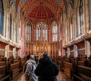 St. Cuthbert's Chapel with visitors in foreground
